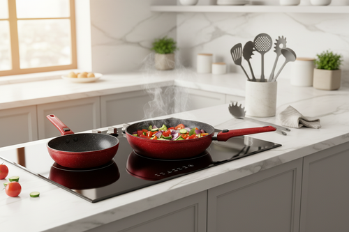 Batteria 14 Pz Padelle Rosse con Manico Rimovibile e 5 Mestoli